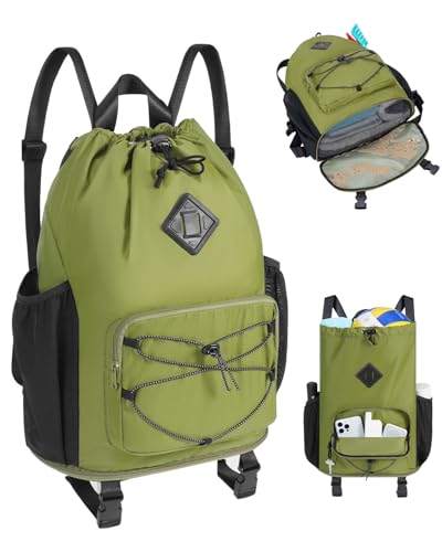 WANDF Drawstring Backpack with Removable Wet Pocket Sandproof Beach Backpack with Bottom Compression Strap for Beach Mat Swim Bag for Pool Gym Travel and Workout Gear Dark Green - Image 1