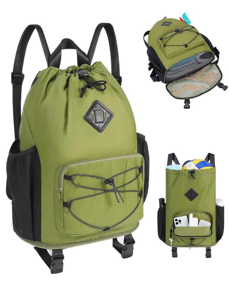 WANDF Drawstring Backpack with Removable Wet Pocket Sandproof Beach Backpack with Bottom Compression Strap for Beach Mat Swim Bag for Pool Gym Travel and Workout Gear Dark Green - Image 2