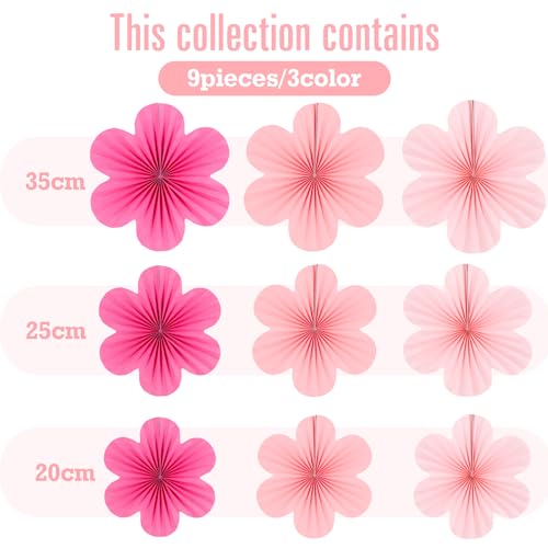 SUNBEAUTY Paper Flowers Decoration Set of 9 Hot Pink Paper Flower for Wall Hanging Ornaments Party Fans Floral Backdrop for Weddings Baby Showers Birthdays Valentine Mothers Day More - Image 3