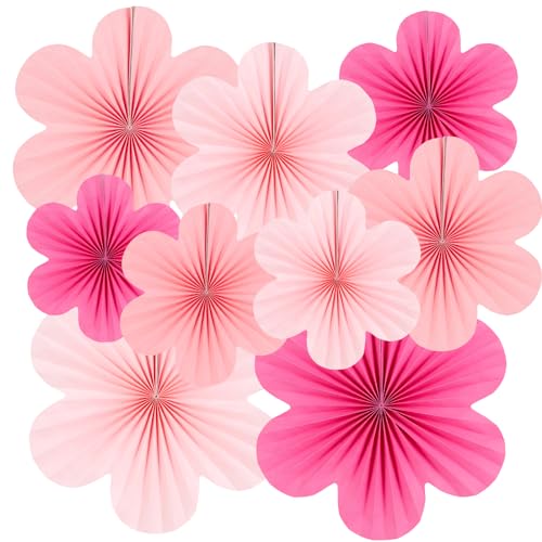 SUNBEAUTY Paper Flowers Decoration Set of 9 Hot Pink Paper Flower for Wall Hanging Ornaments Party Fans Floral Backdrop for Weddings Baby Showers Birthdays Valentine Mothers Day More - Image 1