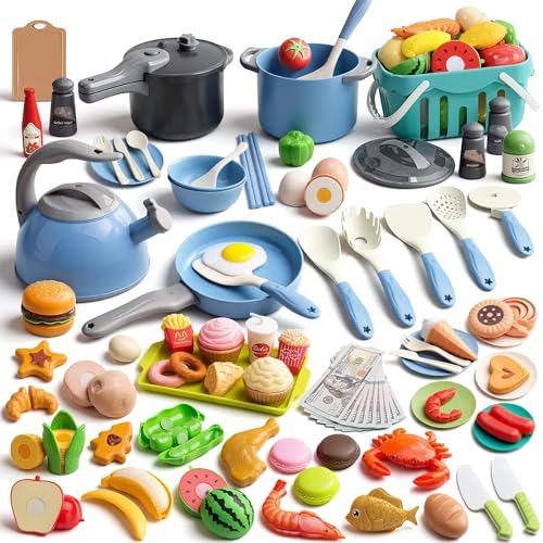 Funpynani 130Pcs Kitchen Playset Toddler Pretend Cooking Play Pots Pans Utensils Cookware Daily Food Fruit Veges Shopping Storage Basket Dessert Prop Money Learning Gift for Child Blue - Image 1