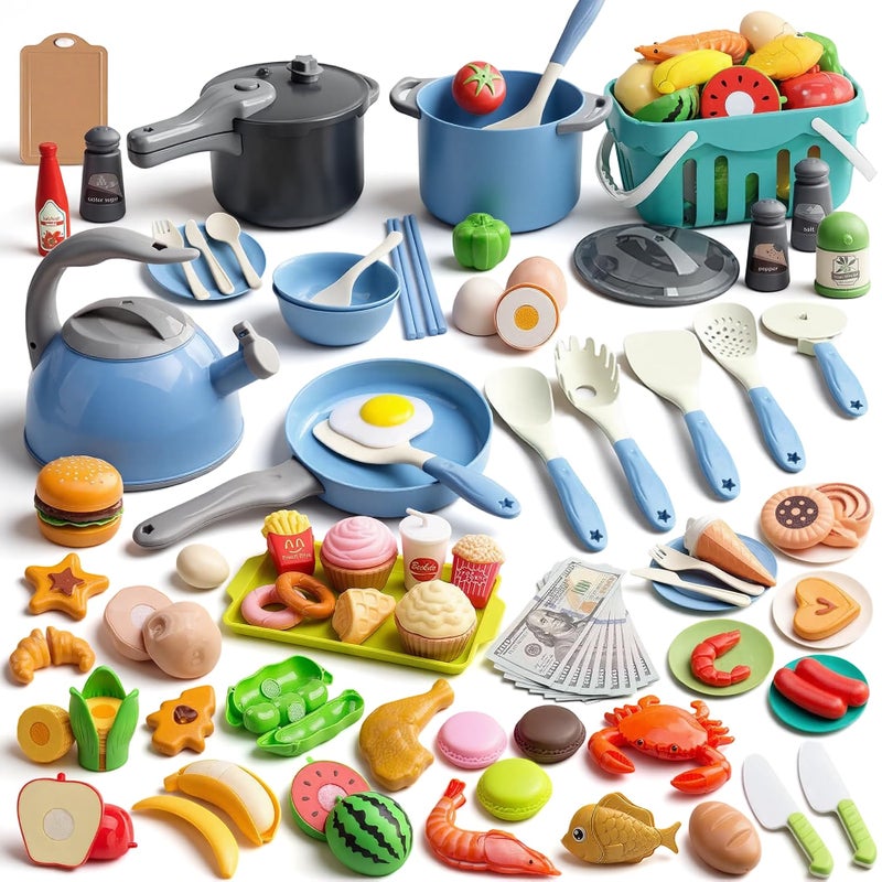 Funpynani 130Pcs Kitchen Playset Toddler Pretend Cooking Play Pots Pans Utensils Cookware Daily Food Fruit Veges Shopping Storage Basket Dessert Prop Money Learning Gift for Child Blue - Image 2