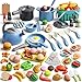 Funpynani 130Pcs Kitchen Playset Toddler Pretend Cooking Play Pots Pans Utensils Cookware Daily Food Fruit Veges Shopping Storage Basket Dessert Prop Money Learning Gift for Child Blue - Image 3