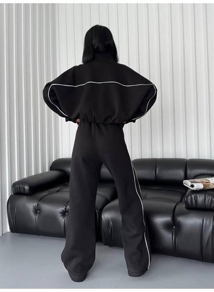 Women's Black Contrast Stripe Casual Tracksuit Set for women - Image 4