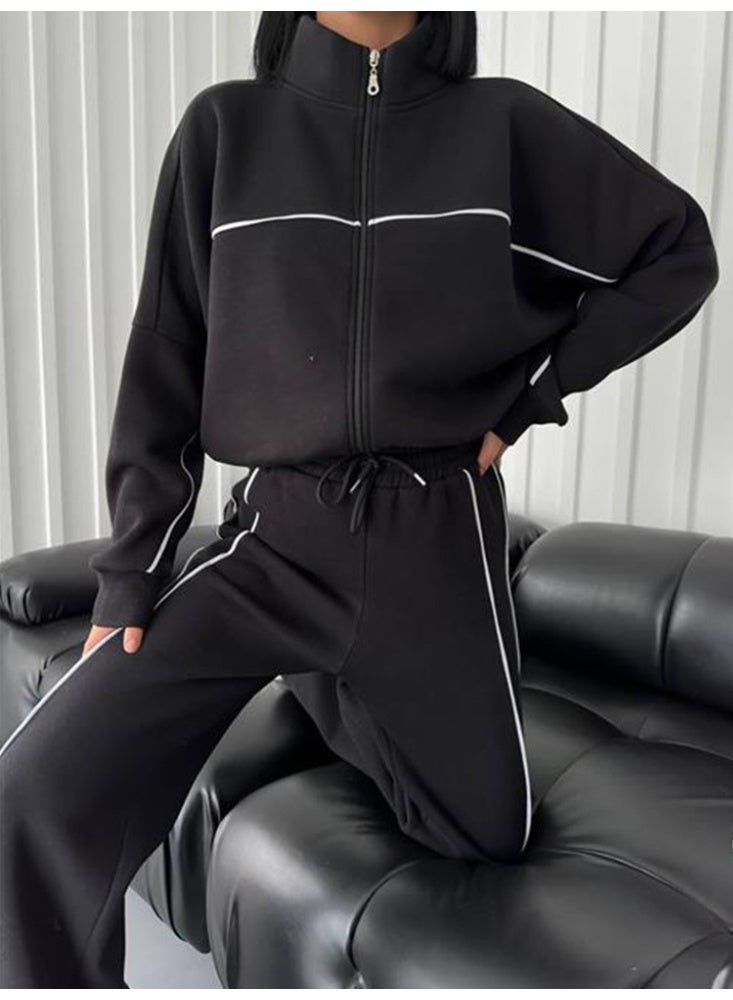 Women's Black Contrast Stripe Casual Tracksuit Set for women - Image 3