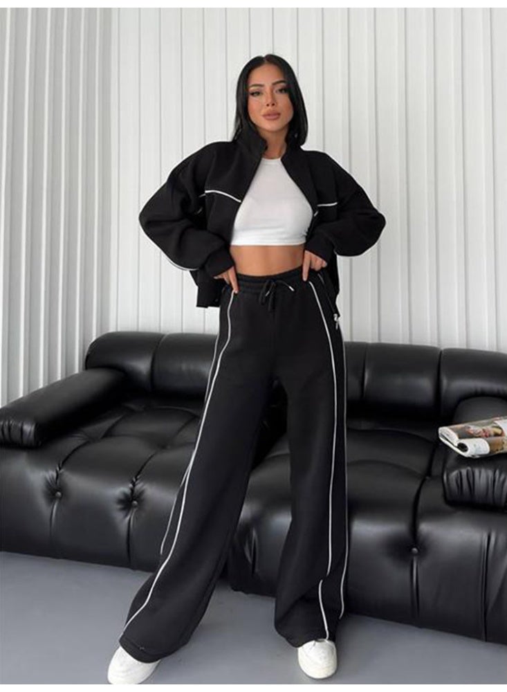 Women's Black Contrast Stripe Casual Tracksuit Set for women - Image 1