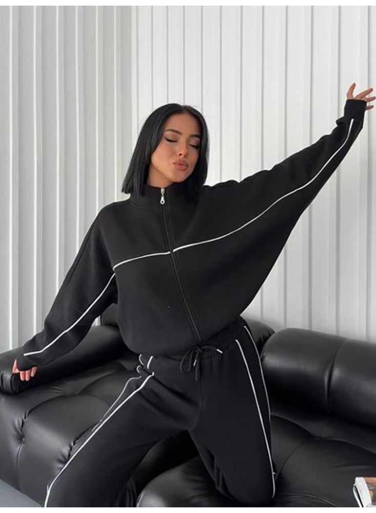 Women's Black Contrast Stripe Casual Tracksuit Set for women - Image 2