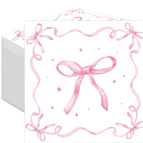 Merriva 50 Pack Pink Ribbon Bow Paper Napkins, Disposable Coquette-Inspired Bow Cocktail Napkins for Girls Birthday, Sweetie-Soirées, Baby Shower, Bridal Shower, Bachelorette, and Tea Party Decorations - Image 1