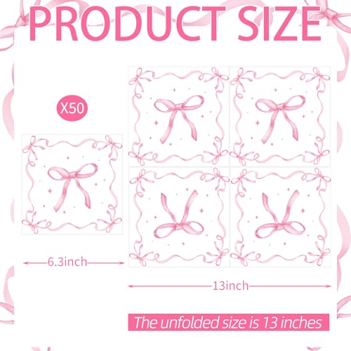 Merriva 50 Pack Pink Ribbon Bow Paper Napkins, Disposable Coquette-Inspired Bow Cocktail Napkins for Girls Birthday, Sweetie-Soirées, Baby Shower, Bridal Shower, Bachelorette, and Tea Party Decorations - Image 2