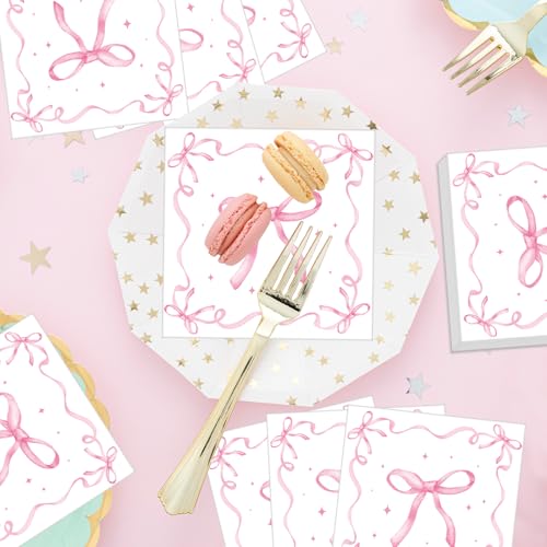 Merriva 50 Pack Pink Ribbon Bow Paper Napkins, Disposable Coquette-Inspired Bow Cocktail Napkins for Girls Birthday, Sweetie-Soirées, Baby Shower, Bridal Shower, Bachelorette, and Tea Party Decorations - Image 4