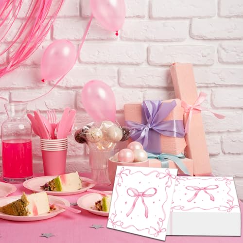 Merriva 50 Pack Pink Ribbon Bow Paper Napkins, Disposable Coquette-Inspired Bow Cocktail Napkins for Girls Birthday, Sweetie-Soirées, Baby Shower, Bridal Shower, Bachelorette, and Tea Party Decorations - Image 5