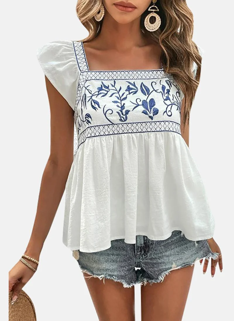 YUNIQEE White Floral Cap Sleeve Square Neck Tunics