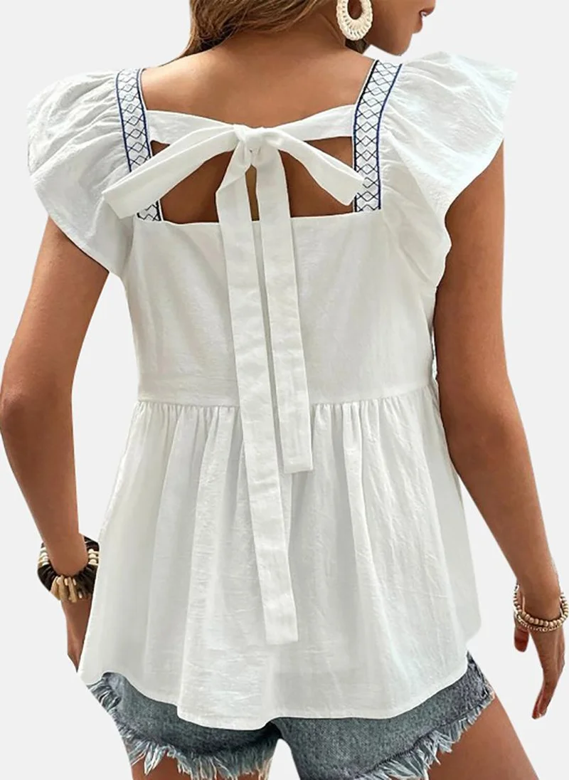 YUNIQEE White Floral Cap Sleeve Square Neck Tunics