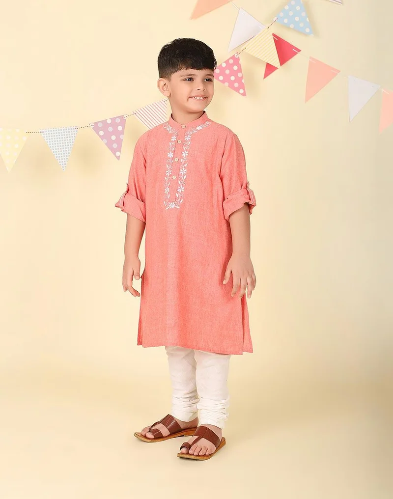 Fabindia Pink Cotton Chikankari Long Kurta