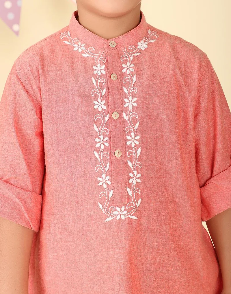Fabindia Pink Cotton Chikankari Long Kurta
