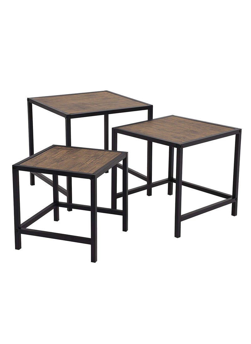 INDIAN DECOR INDIAN DECOR 4575 Nesting Side Table Set of 3 Coffee Table with Metal Frame MDF Wood Look Industrial Style for Living Room Kitchen Bedroom Balcony Rustic Dark Brown LNT03BX  - Image 1