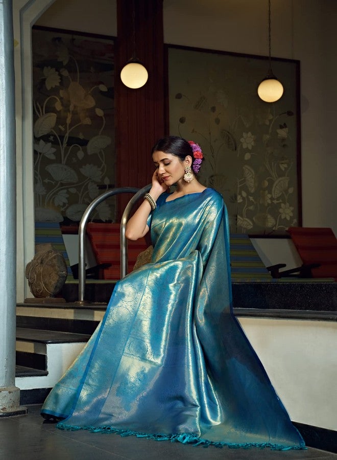 Vardha Women's Kanjivaram Art Silk Saree With Blouse Piece, Zari Woven Blue Sari Kasuba Silk, 474 - Image 5