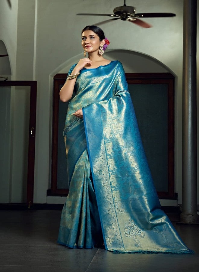 Vardha Women's Kanjivaram Art Silk Saree With Blouse Piece, Zari Woven Blue Sari Kasuba Silk, 474 - Image 3