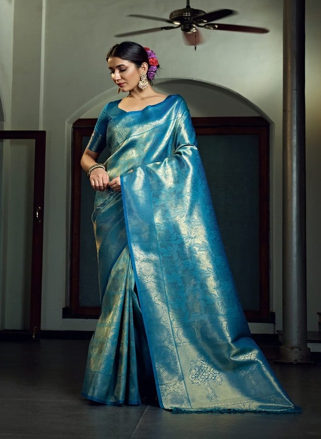 Vardha Women's Kanjivaram Art Silk Saree With Blouse Piece, Zari Woven Blue Sari Kasuba Silk, 474 - Image 2