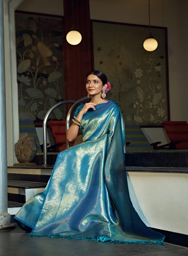 Vardha Women's Kanjivaram Art Silk Saree With Blouse Piece, Zari Woven Blue Sari Kasuba Silk, 474 - Image 4