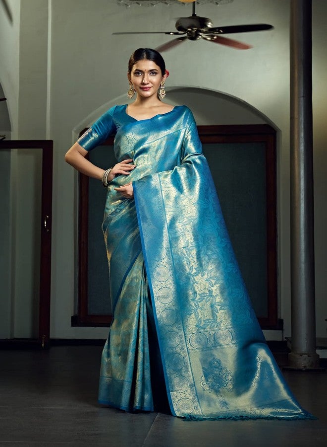 Vardha Women's Kanjivaram Art Silk Saree With Blouse Piece, Zari Woven Blue Sari Kasuba Silk, 474 - Image 1
