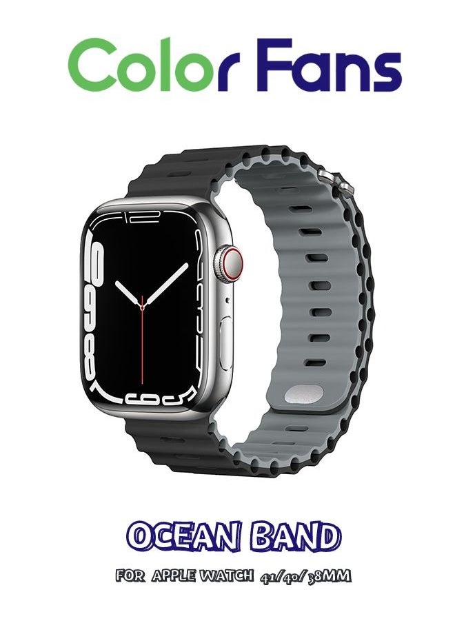 Color Fans Apple Watch Ocean Band 41mm 40mm 38mm for Men Women, Soft Silicone Sport Band Replacement Strap for Apple Watch Ultra iWatch Series 8 7 SE 6 5 4 3 2 1 Black-Gray  - Image 1