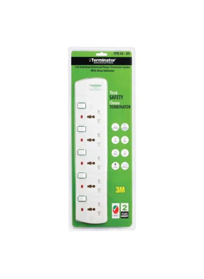 Terminator Terminator 5 way Universal Power Extension Socket, 3M 3X1.25MM2, White color body & cable with individual switch 13A Fused plug.  - Image 2