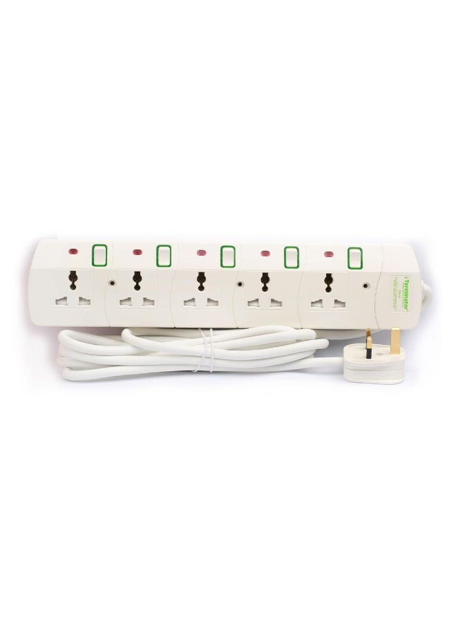Terminator Terminator 5 way Universal Power Extension Socket, 3M 3X1.25MM2, White color body & cable with individual switch 13A Fused plug.  - Image 1