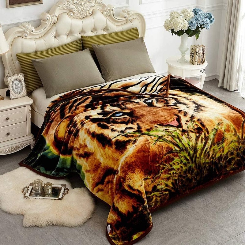 JYK Korean Faux Mink Fleece Blanket 83" X 91", 5.7 LB - 2 Ply Reversible Soft Warm Plush Flannel Blanket (Tiger, King) - Image 1