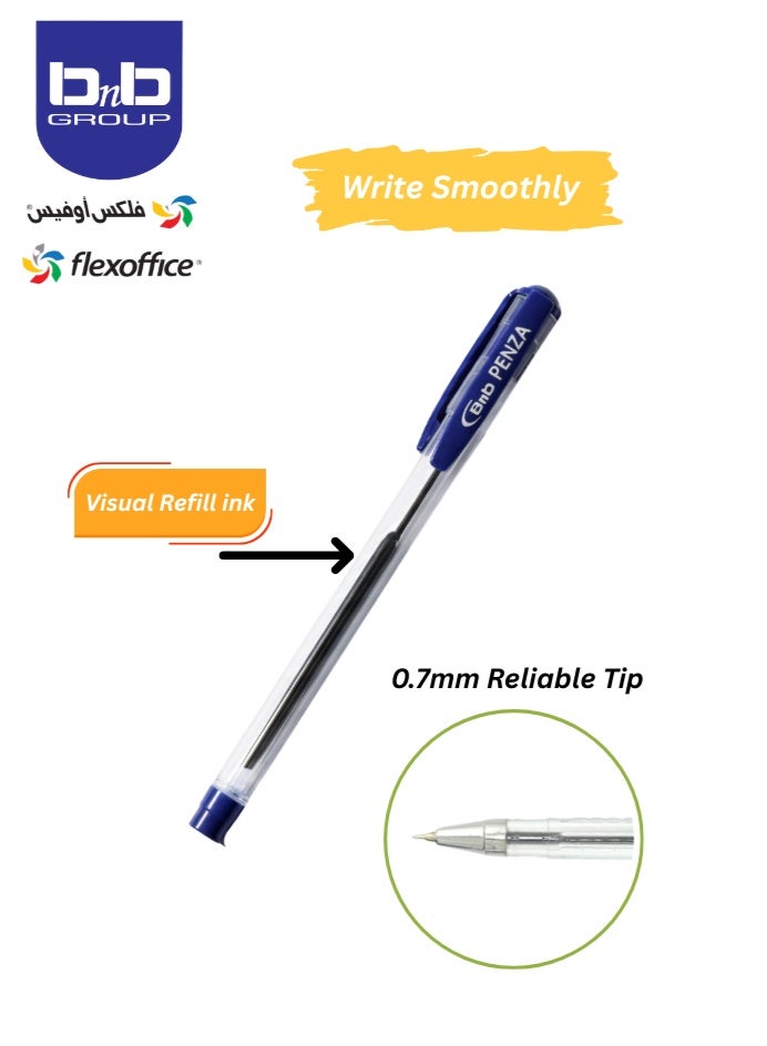 بي ان بي أقلام حبر جاف بينزا، حبر أزرق، رأس رفيع 0.7 مم، عبوة من 10 أقلام، كتابة سريعة وسلسة، أقلام حبر جاف، للمدرسة واللوازم المكتبية. - Image 2