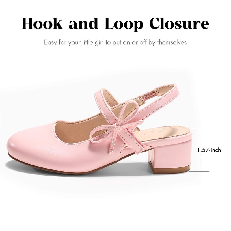 Coutgo Girls Dress Shoes Flower Girl Mary Jane Low Heels Wedding Party Bow Pumps, Pink, Size 9 Toddler - Image 4