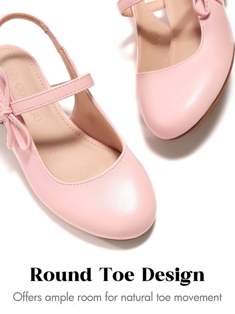 Coutgo Girls Dress Shoes Flower Girl Mary Jane Low Heels Wedding Party Bow Pumps, Pink, Size 9 Toddler - Image 2