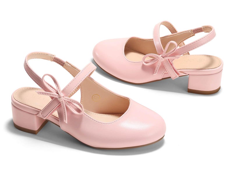 Coutgo Girls Dress Shoes Flower Girl Mary Jane Low Heels Wedding Party Bow Pumps, Pink, Size 9 Toddler - Image 5