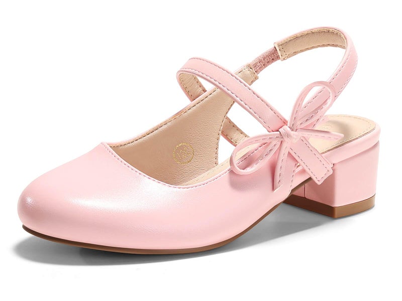 Coutgo Girls Dress Shoes Flower Girl Mary Jane Low Heels Wedding Party Bow Pumps, Pink, Size 9 Toddler - Image 1