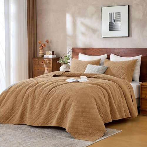 DOWN HOME Queen Quilt Set with Shams Lightweight Quilted Bedspread Coverlet Thin Comforter Bed Cover Vintage Washed Quilted Blanket for All Season, Brushed Microfiber Diamond Stitching, Brown, 88"x92" - Image 1