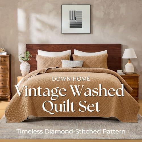 DOWN HOME Queen Quilt Set with Shams Lightweight Quilted Bedspread Coverlet Thin Comforter Bed Cover Vintage Washed Quilted Blanket for All Season, Brushed Microfiber Diamond Stitching, Brown, 88"x92" - Image 2