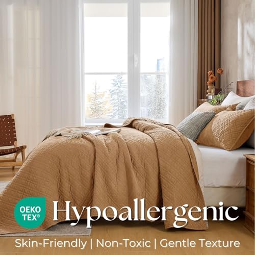 DOWN HOME Queen Quilt Set with Shams Lightweight Quilted Bedspread Coverlet Thin Comforter Bed Cover Vintage Washed Quilted Blanket for All Season, Brushed Microfiber Diamond Stitching, Brown, 88"x92" - Image 5