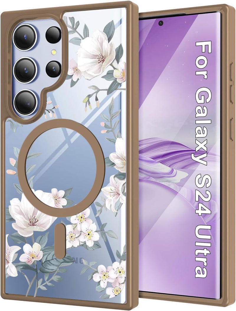 VONZEE Compatible with Samsung Galaxy S24 Ultra 5G Case Luxury Retro Flowers Floral Clear For Magnetic Wireless Charging Shockproof Case PC+TPU Cute Glossy Shiny Cover for Girls Women,Desert Titanium - Image 1