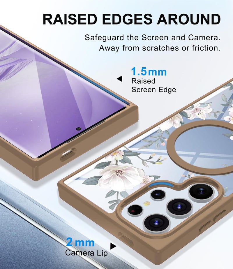 VONZEE Compatible with Samsung Galaxy S24 Ultra 5G Case Luxury Retro Flowers Floral Clear For Magnetic Wireless Charging Shockproof Case PC+TPU Cute Glossy Shiny Cover for Girls Women,Desert Titanium - Image 4