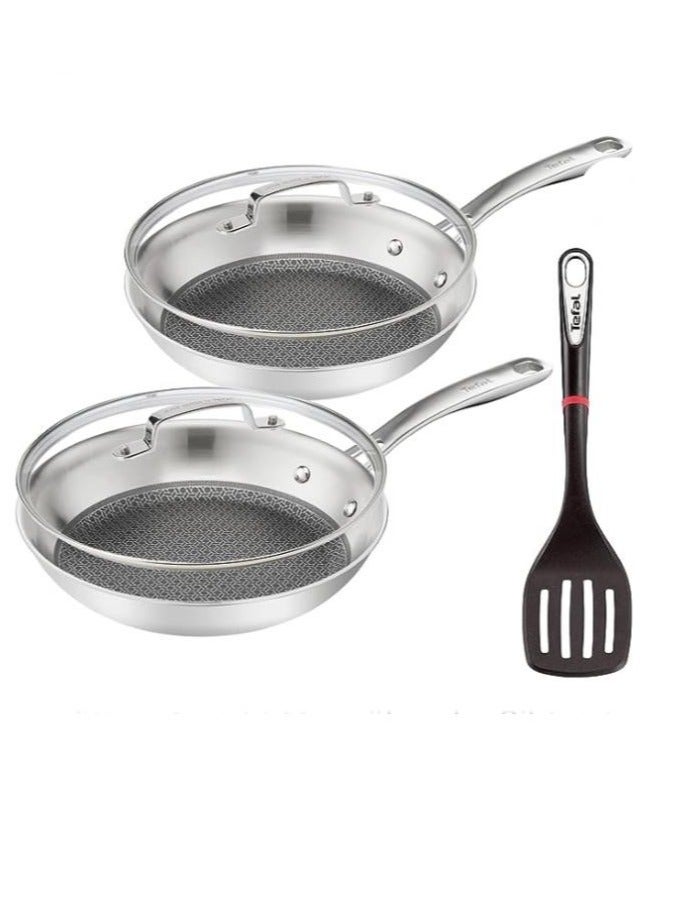 Tefal Eternal Mesh Frying Pan & Glass Lids 24cm 28cm with Slotted Turner Spatula Scratch Resistant Mesh Coating PFOA free Suitable for All Types of Cookers Including Induction Hobs Stainless Steel
