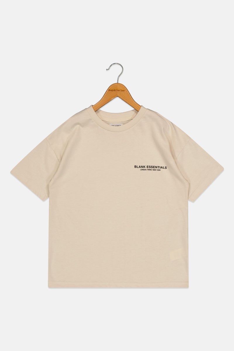 Blank Essentials Kids Boy Short Sleeve Brand Logo T-shirt, Beige - Image 2