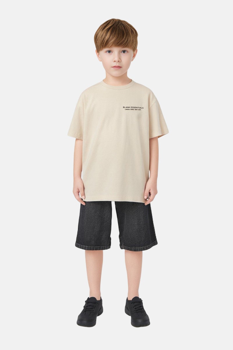 Blank Essentials Kids Boy Short Sleeve Brand Logo T-shirt, Beige - Image 1