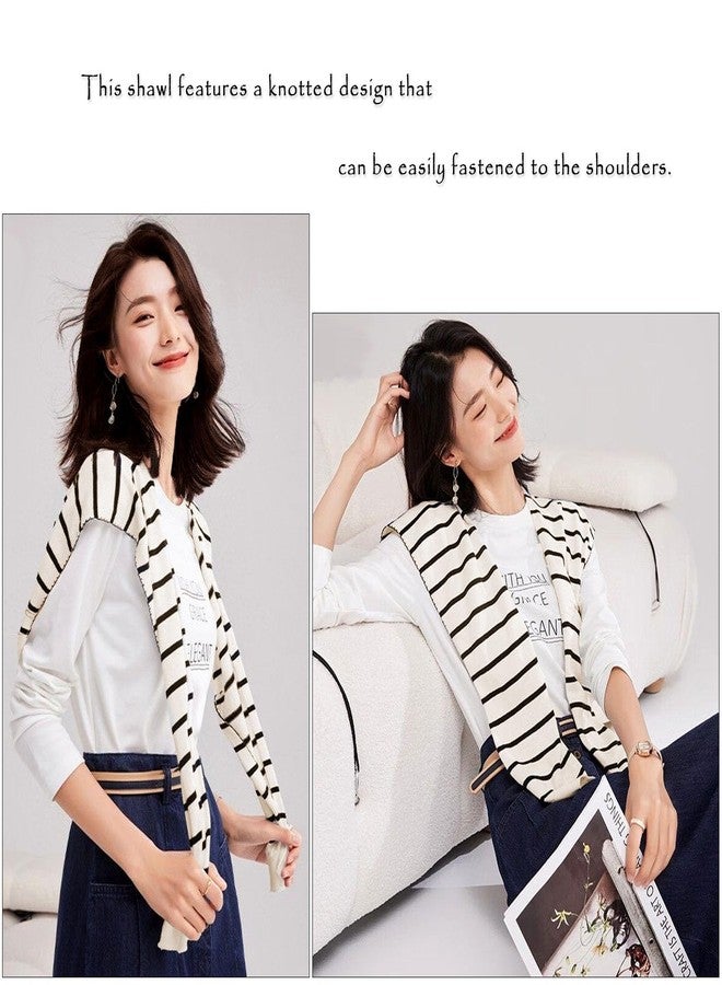 huablo Women's Fashion Sweater Knitted Knotted Shawl Sweater Shawl Wraps for Women Travel Casual Scarf Cape Shoulder Wrap White Stripe - Image 3