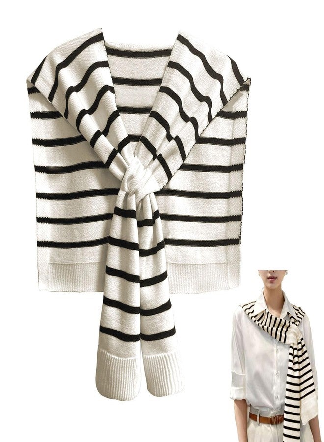 huablo Women's Fashion Sweater Knitted Knotted Shawl Sweater Shawl Wraps for Women Travel Casual Scarf Cape Shoulder Wrap White Stripe - Image 1