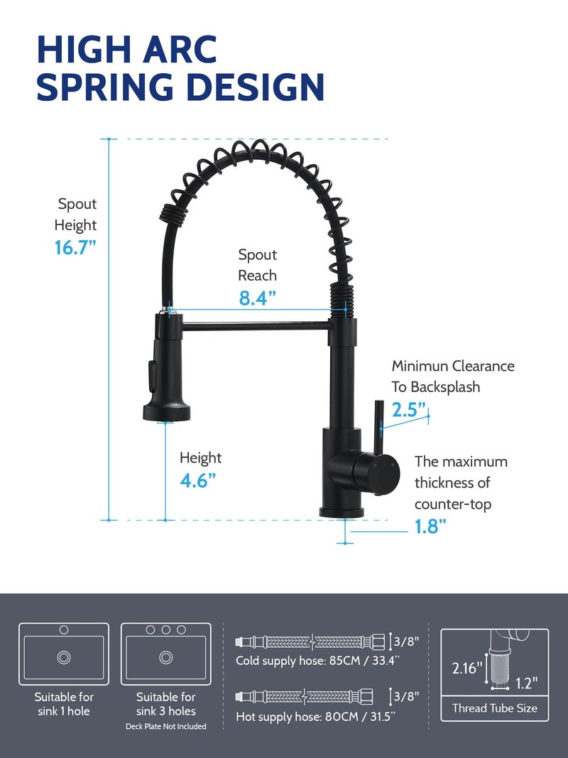 LUFEIDRA Black Kitchen Faucet with Pull Down Sprayer, High Arc Spring 304 Stainless Steel Single Handle 1 or 3 Hole 2 Mode Kitchen Faucets for Farmhouse RV Camper Laundry Wet Bar - Image 2