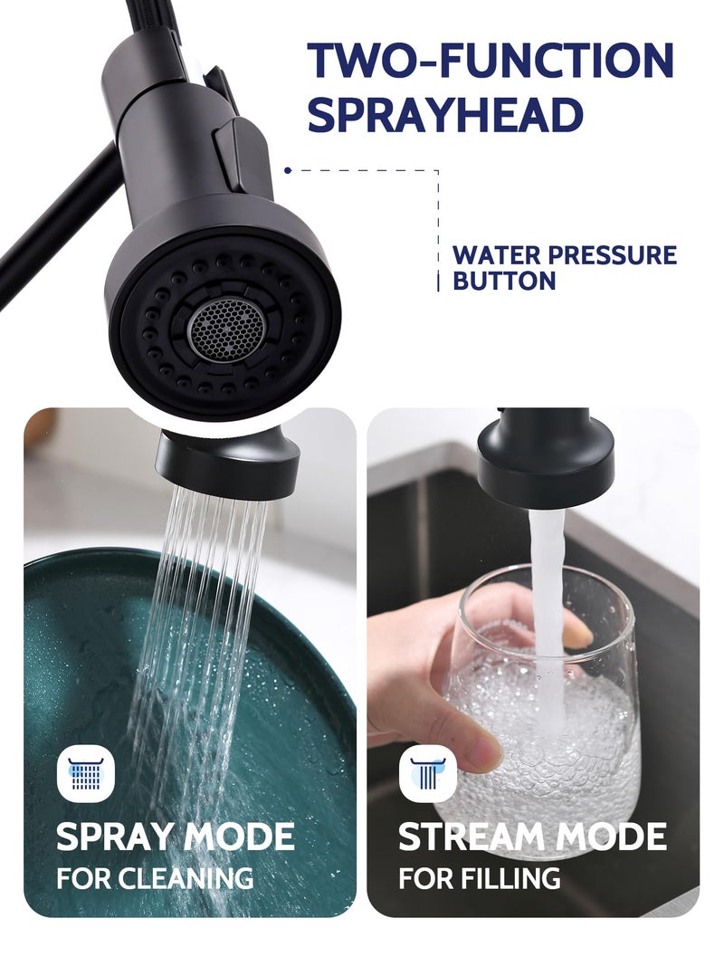 LUFEIDRA Black Kitchen Faucet with Pull Down Sprayer, High Arc Spring 304 Stainless Steel Single Handle 1 or 3 Hole 2 Mode Kitchen Faucets for Farmhouse RV Camper Laundry Wet Bar - Image 5