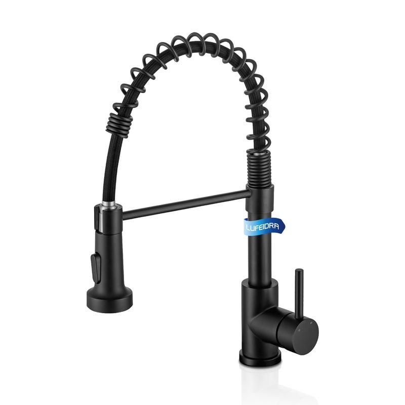 LUFEIDRA Black Kitchen Faucet with Pull Down Sprayer, High Arc Spring 304 Stainless Steel Single Handle 1 or 3 Hole 2 Mode Kitchen Faucets for Farmhouse RV Camper Laundry Wet Bar - Image 1