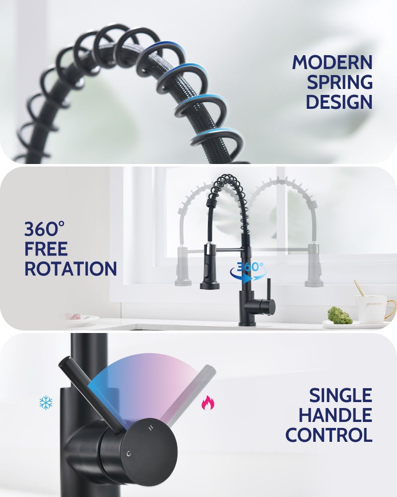 LUFEIDRA Black Kitchen Faucet with Pull Down Sprayer, High Arc Spring 304 Stainless Steel Single Handle 1 or 3 Hole 2 Mode Kitchen Faucets for Farmhouse RV Camper Laundry Wet Bar - Image 3