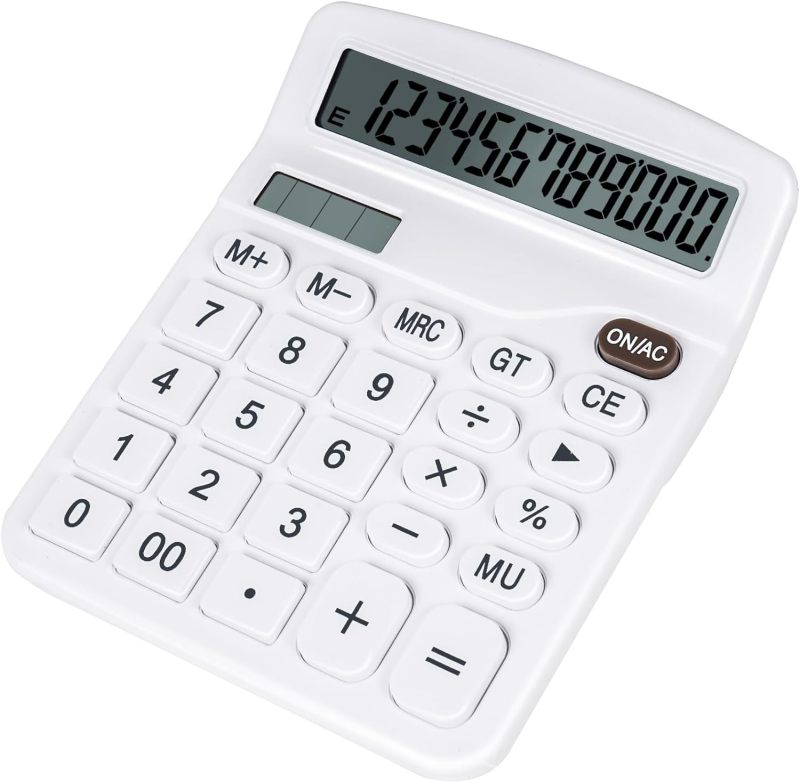 White Desktop Calculator: 12-Digit Large Display - Big Button Dual Power Solar Battery Calculator for Office, School, Students and Teachers - Image 1