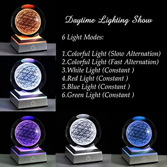 Qianwei Flower of Life Crystal Sphere with Led Colorful Lighting Touch Base, Sacred Geometry Crystal Ball Starlight Magic, Feng Shui Decor Laser Engraved Seek of Flower Inside A Sphere - Image 3